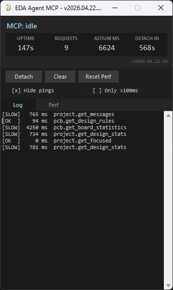 eda-agent dashboard inside Altium Designer showing live status, request counts, and a per-command performance log